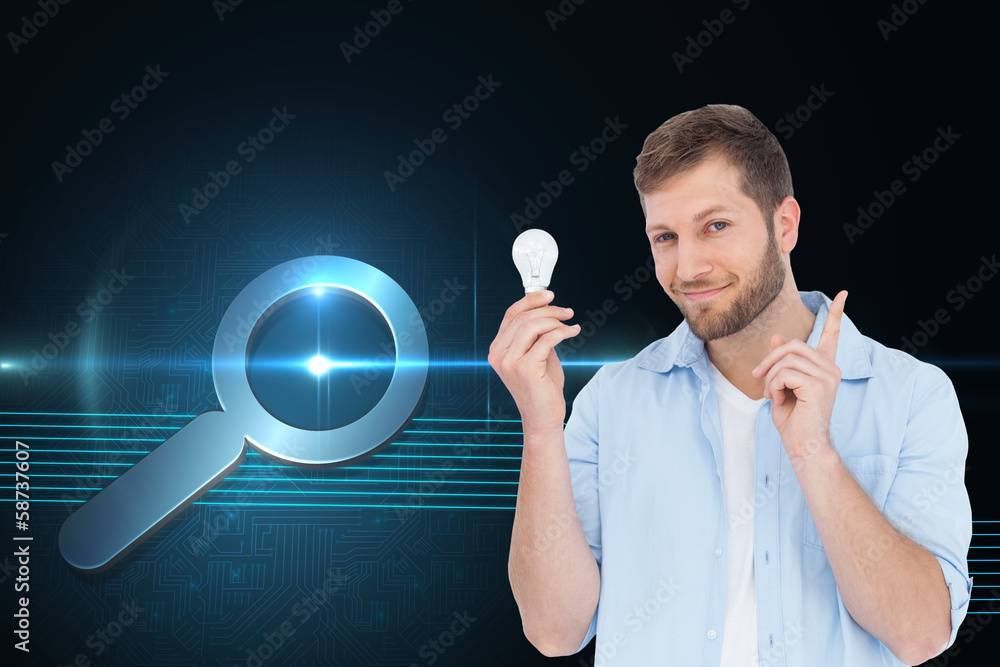 Poster composite image of charming model holding a bulb in right hand