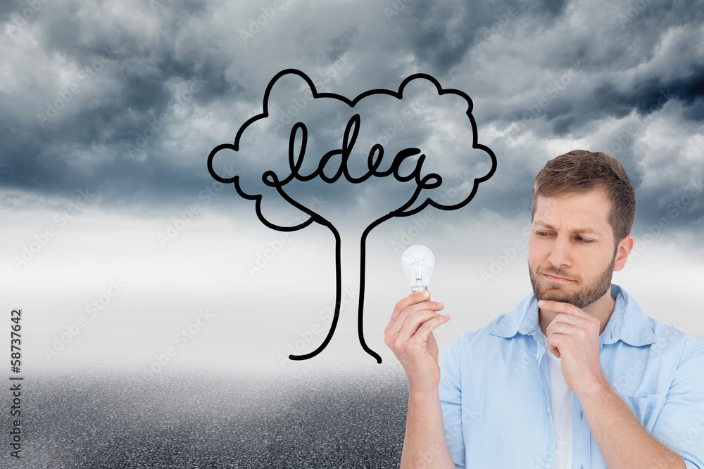Poster composite image of sceptical model holding a bulb
