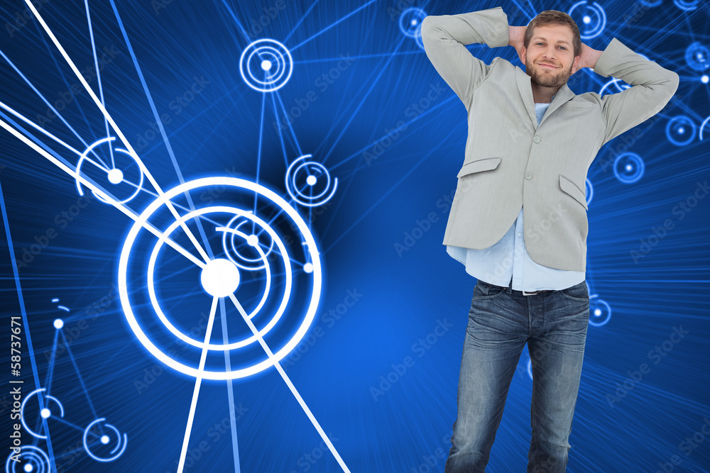 Poster Composite image of suave man in a blazer with hands behind head