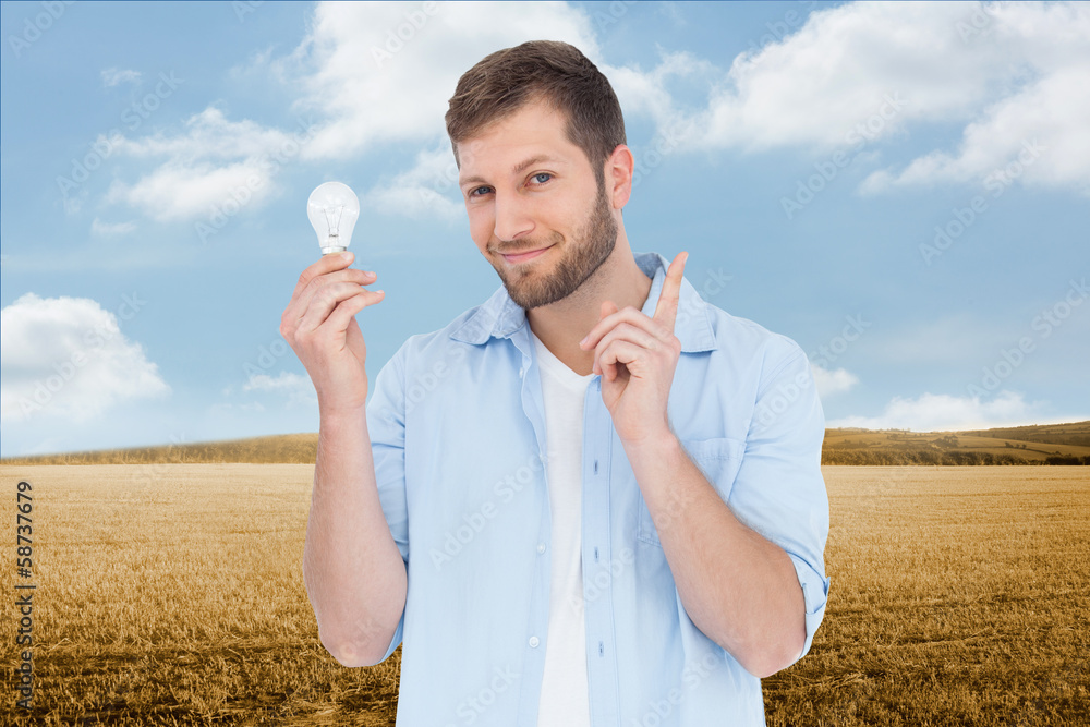 Poster composite image of charming model holding a bulb in right hand
