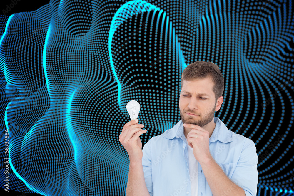 Poster composite image of sceptical model holding a bulb