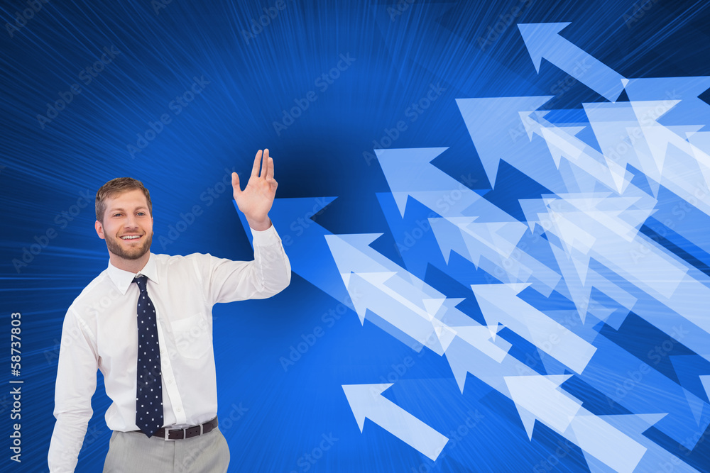 Poster composite image of handsome businessman with suitcase waving