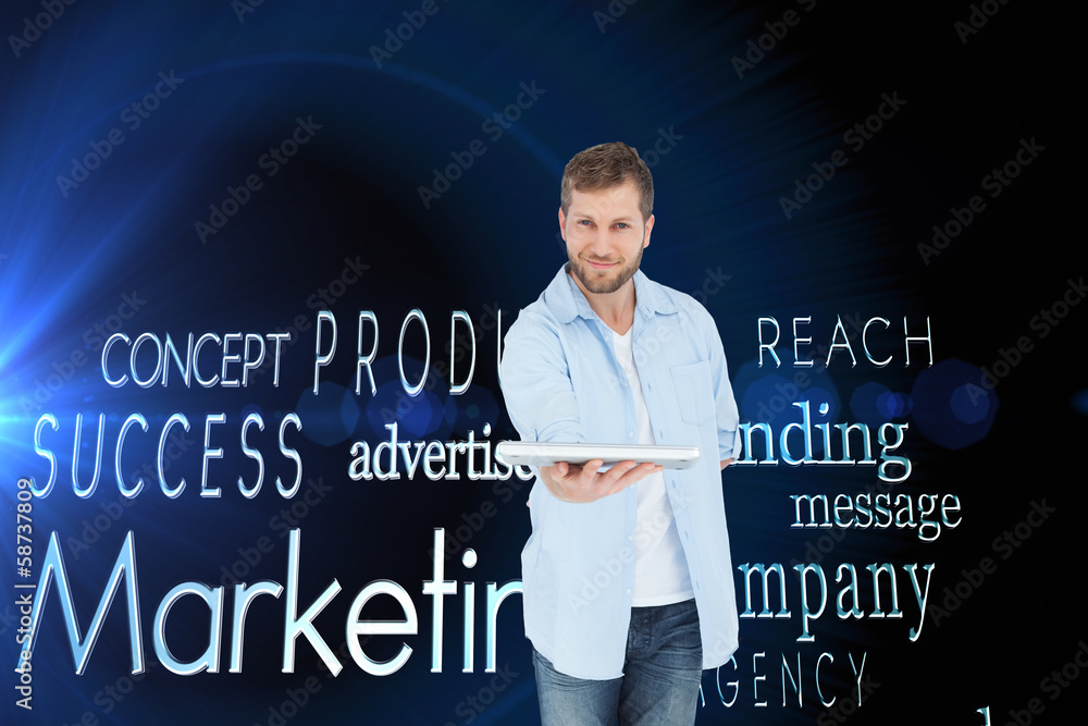 Poster composite image of happy man showing laptop to camera and smilin