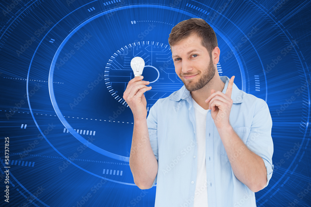 Poster composite image of charming model holding a bulb in right hand