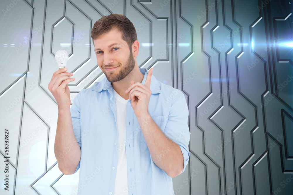 Poster composite image of charming model holding a bulb in right hand