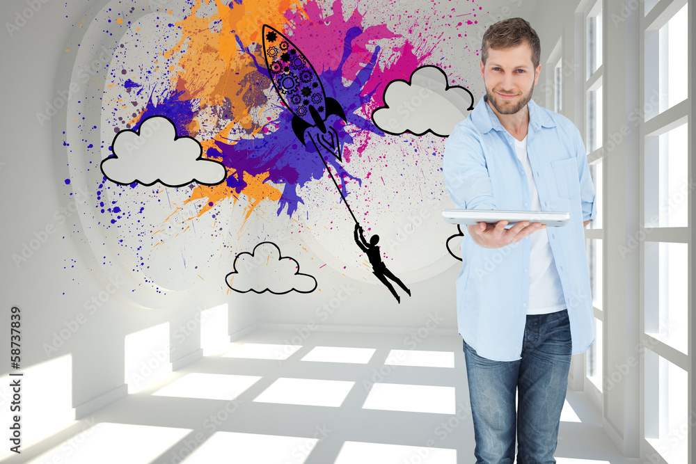 Poster composite image of happy man showing laptop to camera and smilin