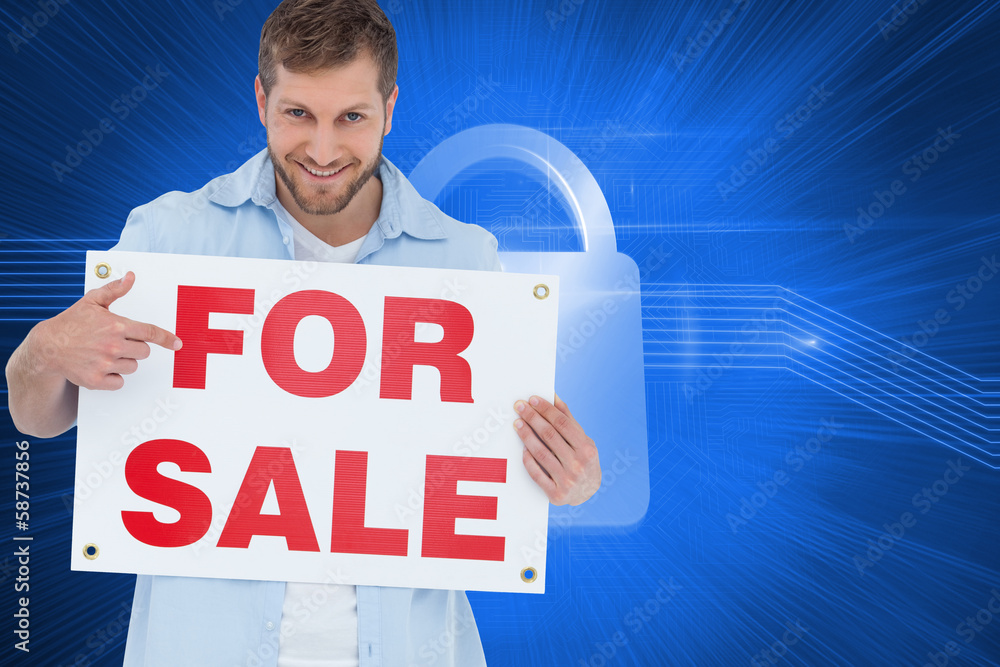 Poster composite image of smiling model holding a for sale sign