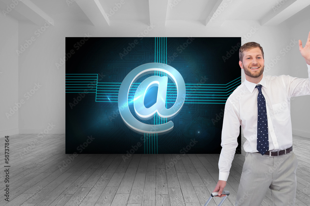 Poster composite image of handsome businessman with suitcase waving