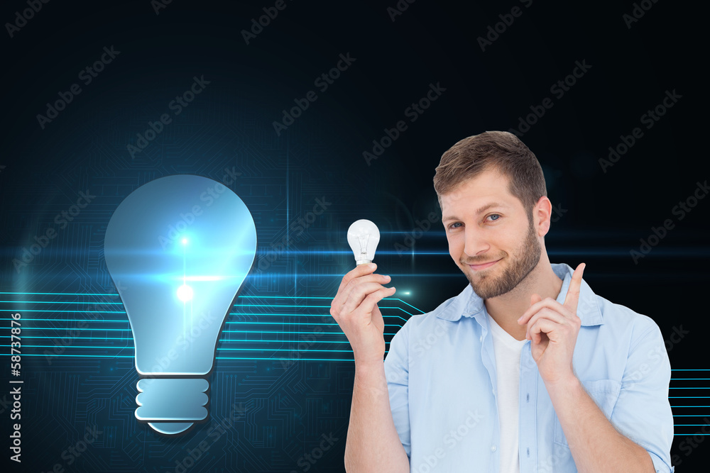 Poster composite image of charming model holding a bulb in right hand