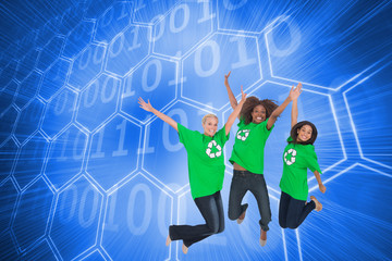 Composite image of enviromental activists jumping and smiling