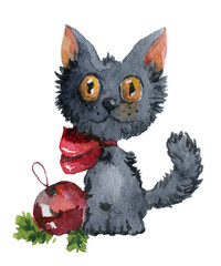 Dark gray  kitten with New Year's ball