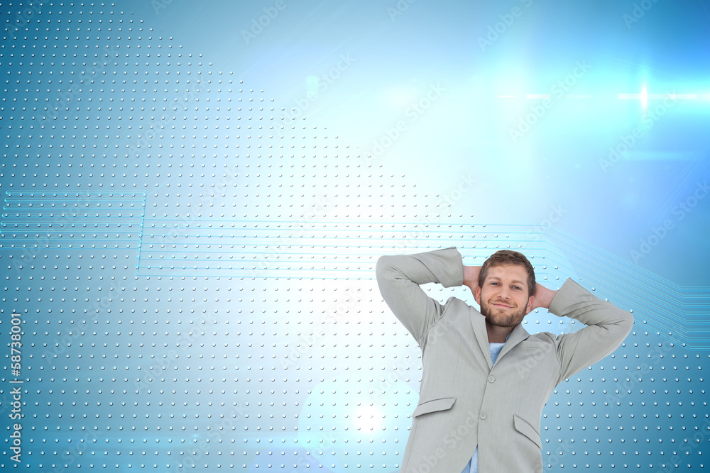 Poster Composite image of suave man in a blazer with hands behind head