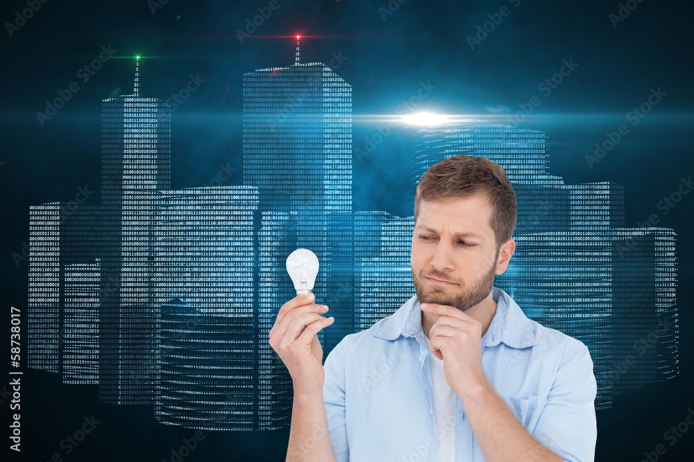 Poster composite image of sceptical model holding a bulb