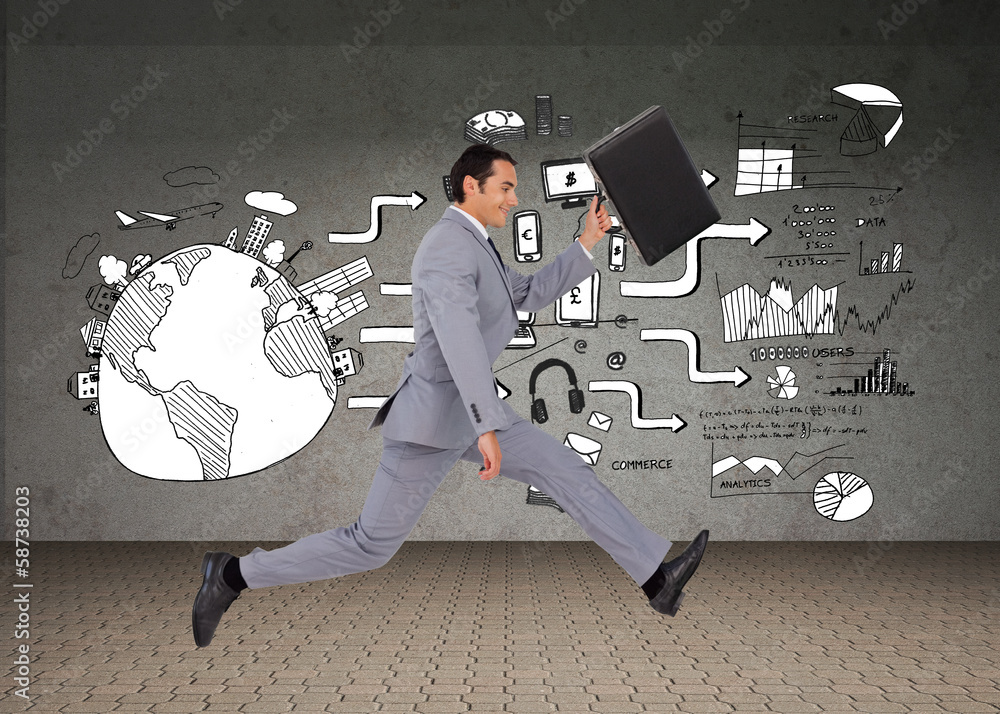 Poster Composite image of businessman running with a suitcase