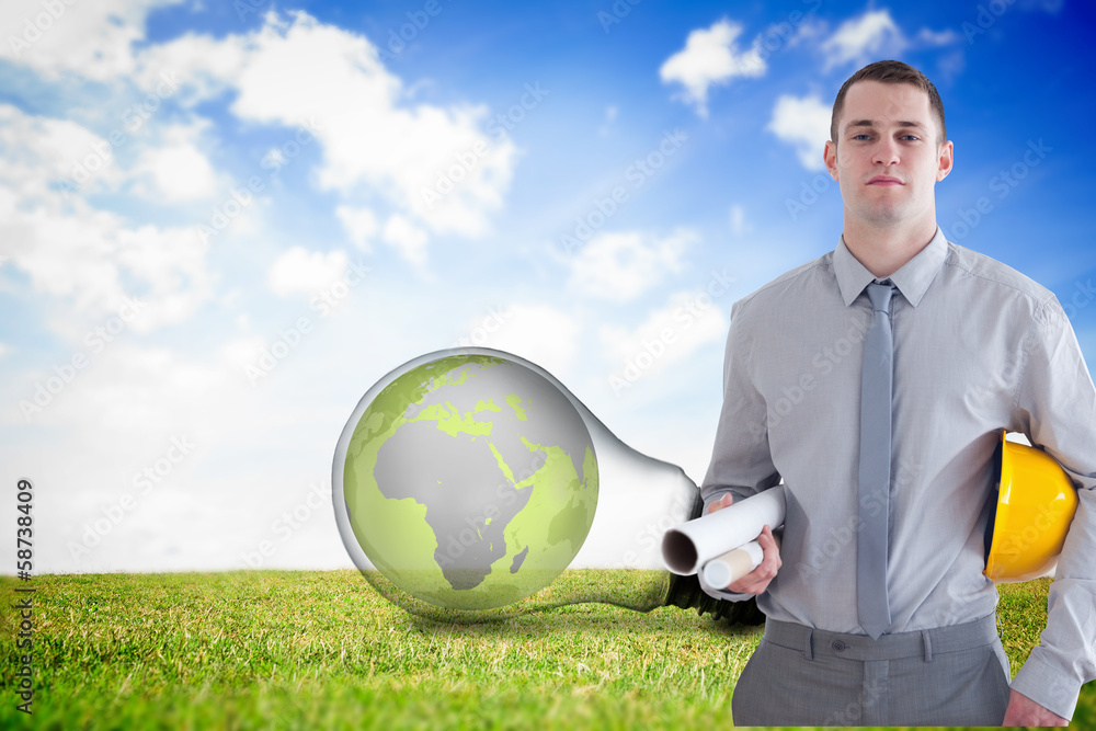 Poster composite image of architect carrying construction plans and hel