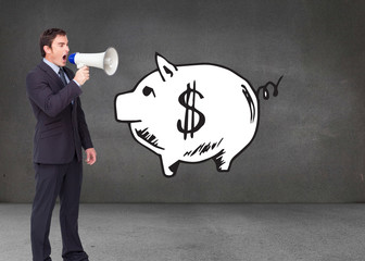 Composite image of standing businessman shouting through a megap