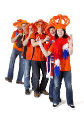 Group of Dutch soccer fans making polonaise over white backgroun