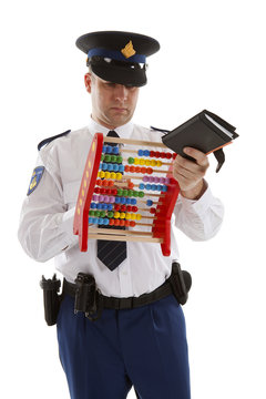 Dutch police officer is counting vouchers quotas with abacus ove
