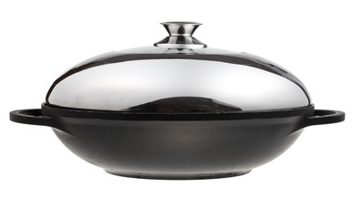 flatter-bottomed wok pan covered by metal lid