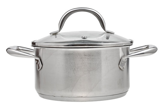 small stainless steel saucepan covered glass lid