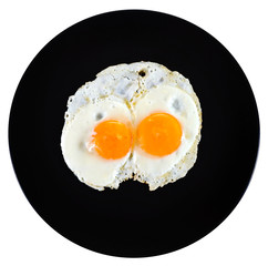 top view of two fry eggs on ceramic black plate