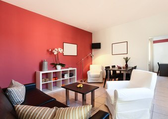interior of apartment, living room with red wall