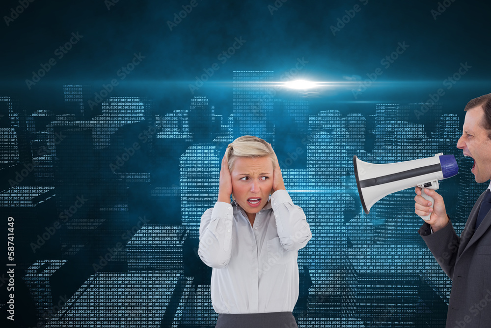 Poster composite image of businessman shouting at colleague with his bu