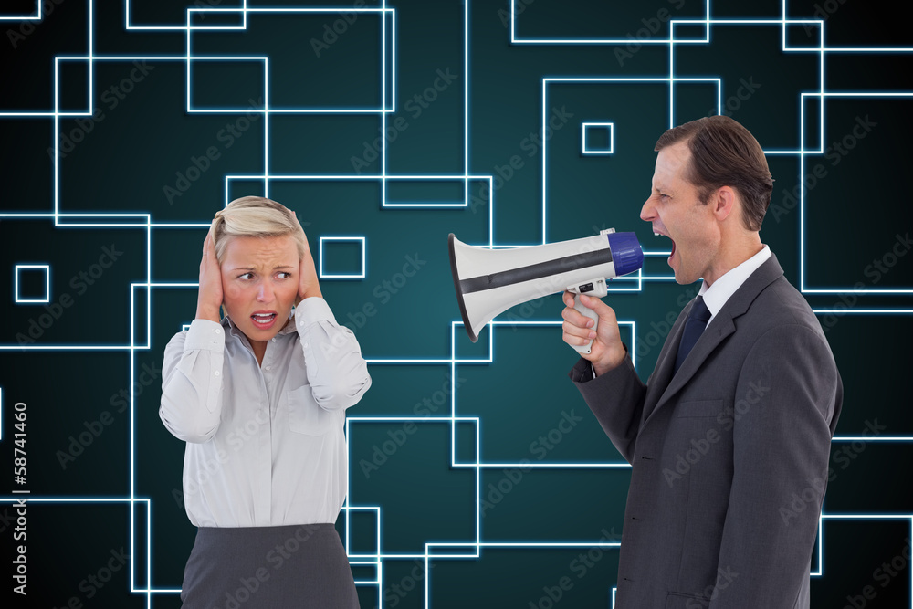 Poster composite image of businessman shouting at colleague with his bu