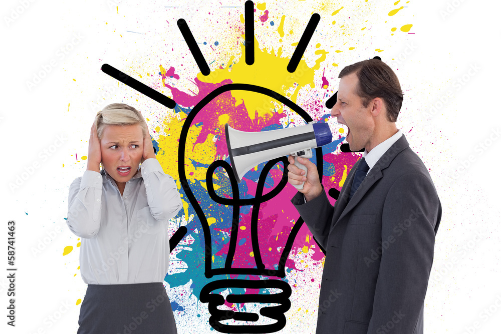 Poster composite image of businessman shouting at colleague with his bu