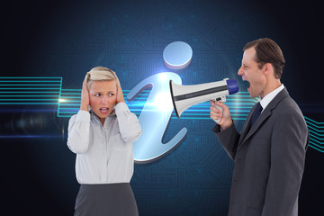 Composite image of businessman shouting at colleague with his bu