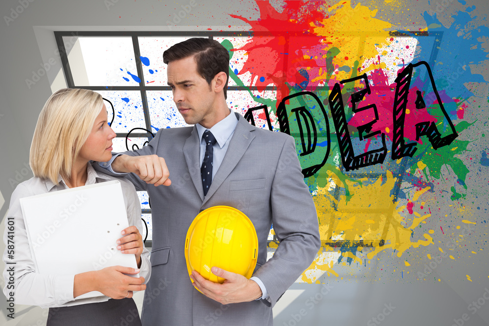 Poster Composite image of architects with plans and hard hat looking at