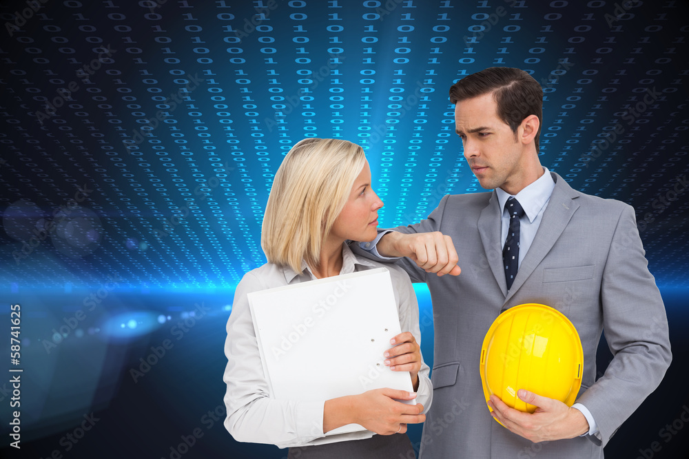 Poster composite image of architects with plans and hard hat looking at