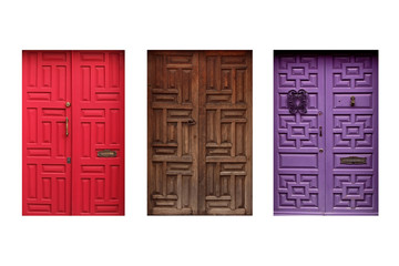 three colorful mexican doors isolated on white background
