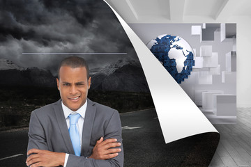Composite image of doubtful young businessman with arms crossed