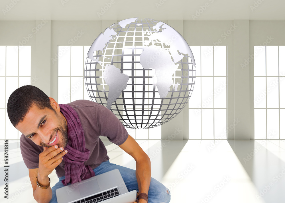 Aufkleber composite image of thoughtful man sitting on floor using laptop