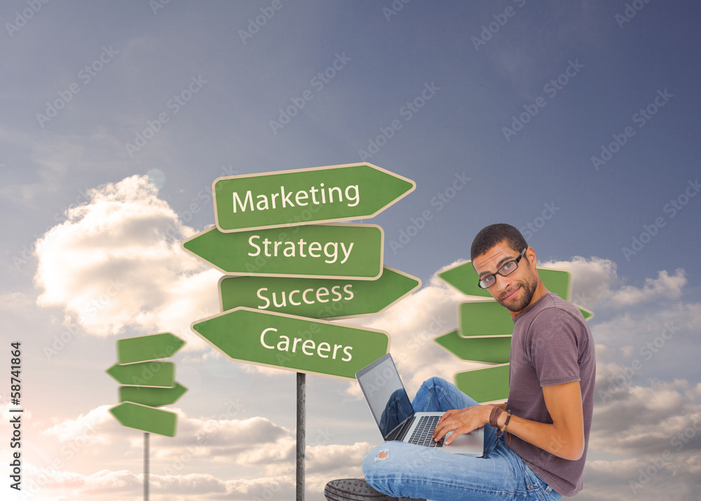 Poster Composite image of man wearing glasses sitting on floor using la