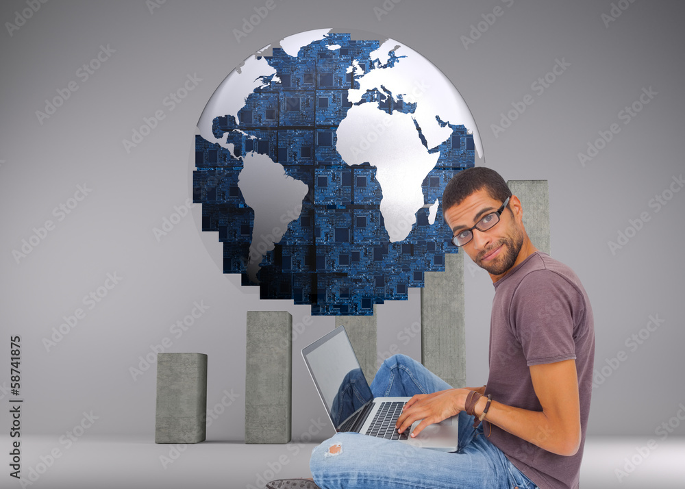 Poster composite image of man wearing glasses sitting on floor using la