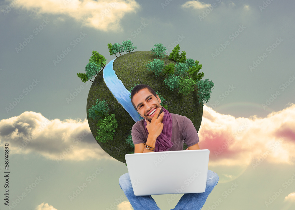 Aufkleber composite image of thinking man sitting on floor using laptop an