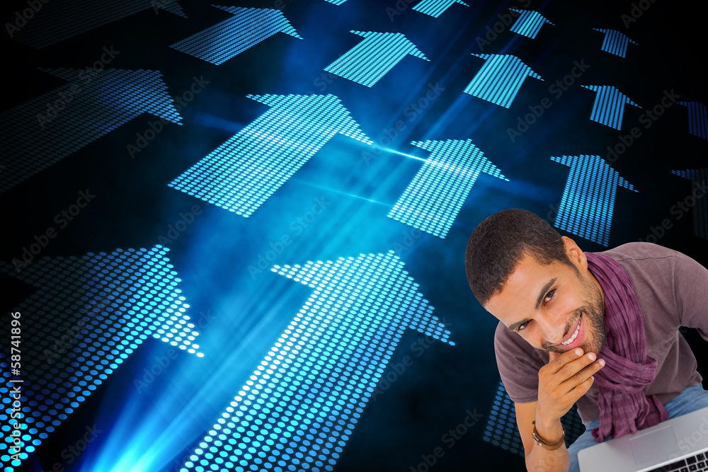 Aufkleber composite image of thoughtful man sitting on floor using laptop