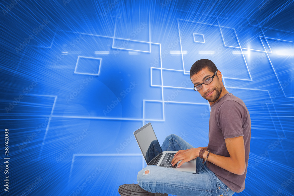 Aufkleber composite image of man wearing glasses sitting on floor using la