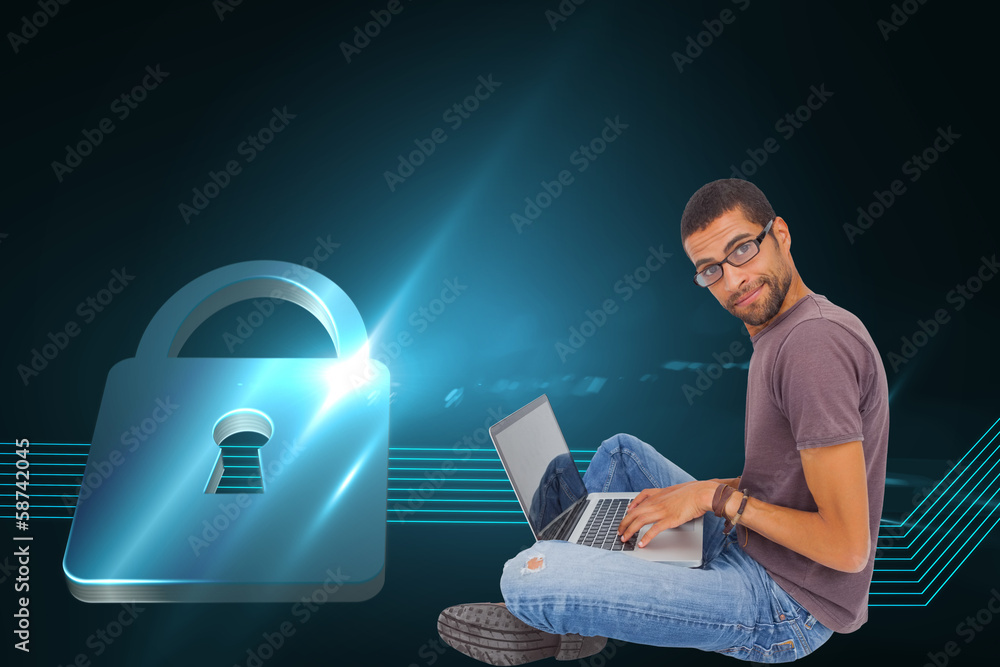 Poster Composite image of man wearing glasses sitting on floor using la