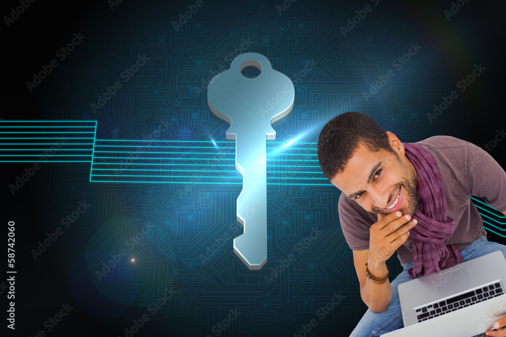 Poster composite image of thoughtful man sitting on floor using laptop