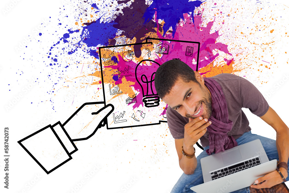 Aufkleber composite image of thoughtful man sitting on floor using laptop