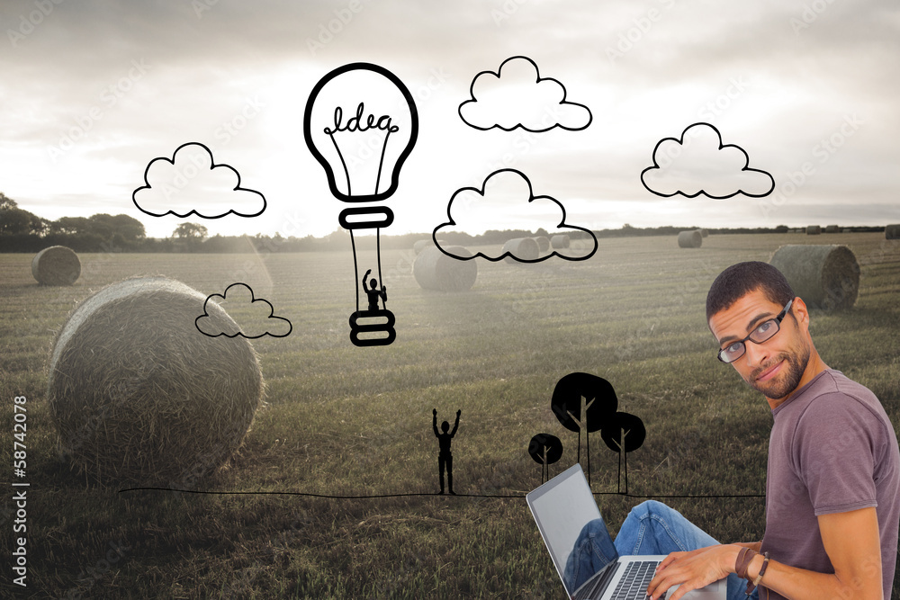Poster Composite image of man wearing glasses sitting on floor using la