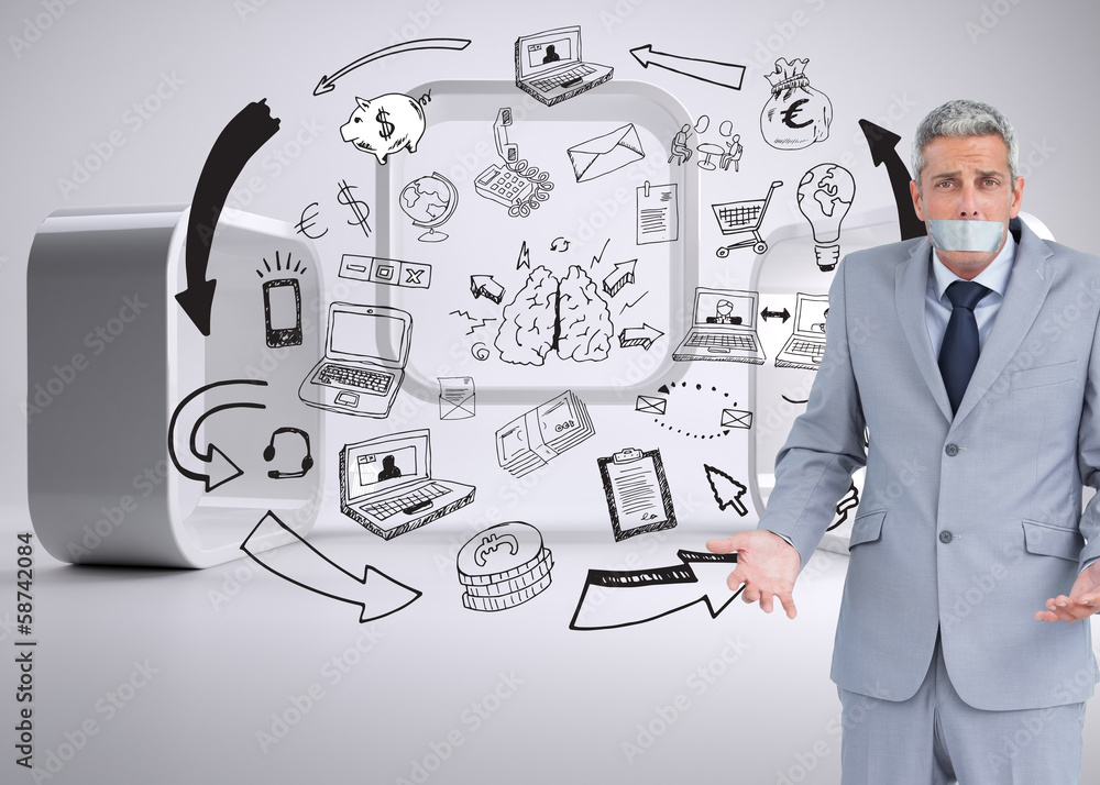 Poster composite image of businessman gagged with adhesive tape on mout