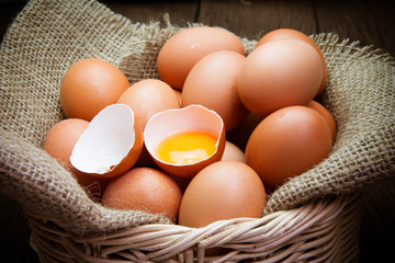 broken chicken eggs and egg yolk