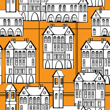 Vintage Houses And Firehouse On Seamless Pattern