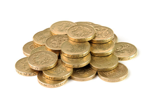 Pile of British pound coins