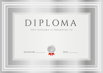 Certificate / Diploma template. Silver frame, medal, award
