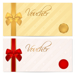 Fototapeta na wymiar Gift certificate, Voucher, Coupon. Gold, template. Red bow